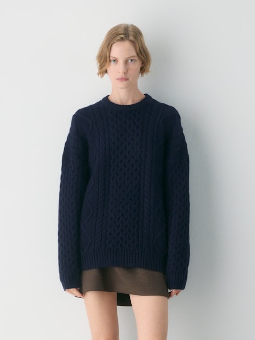 Aritzia Navy Cable-Knit Merino Crew Sweater